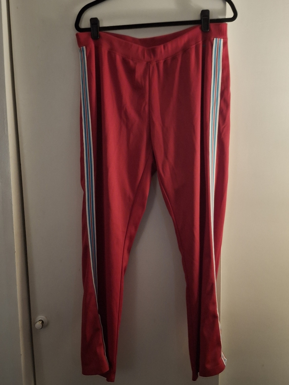 Izod Women's Red Track Pants with Blue and White Side Stripes